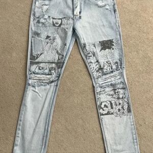 Ksubi Chitch Comik Printed Artwork Light Blue Distressed Slim Fit Skinny Jeans